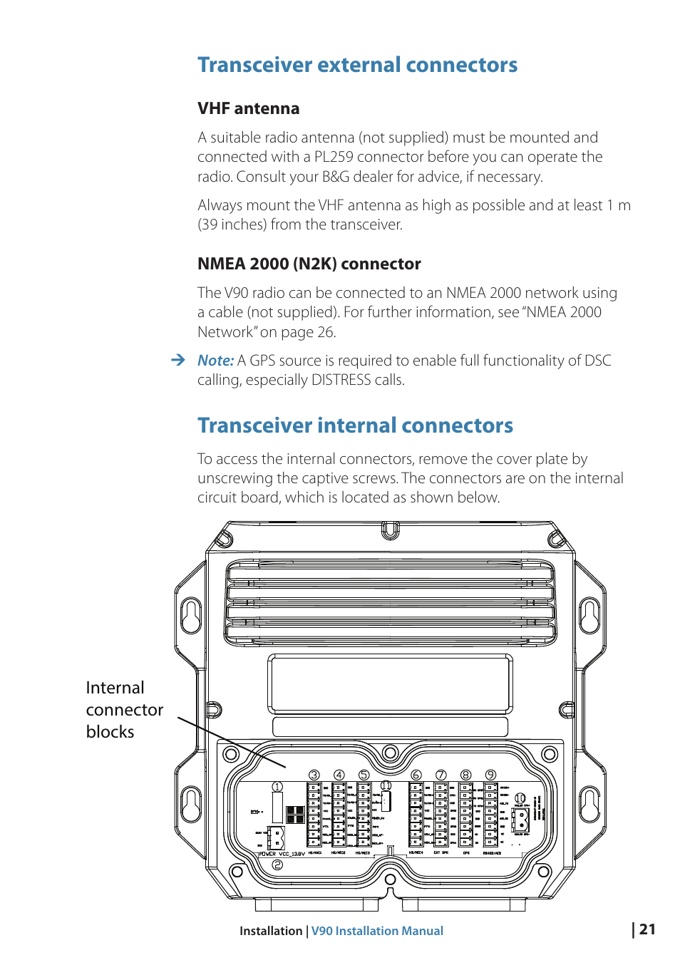 Transceiver external connectors, Transceiver internal connectors | B&G V90 VHF Radio User Manual | Page 21 / 29