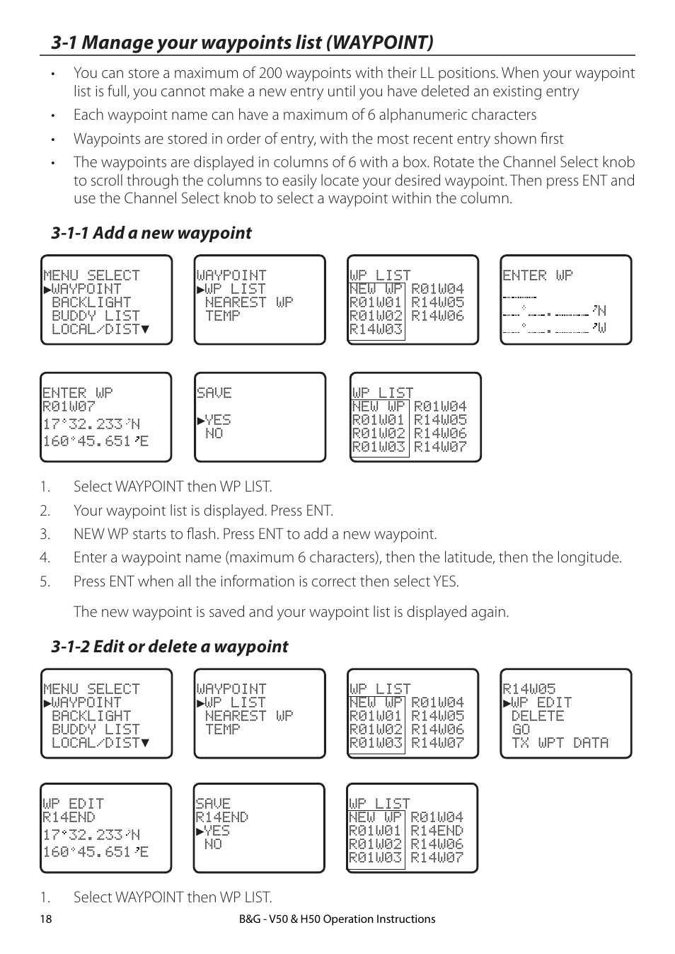 1 manage your waypoints list (waypoint), 1-1 add a new waypoint, 1-2 edit or delete a waypoint | B&G H50 Wireless VHF Handset User Manual | Page 18 / 92