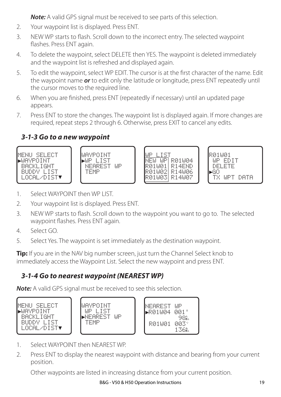 1-3 go to a new waypoint, 1-4 go to nearest waypoint (nearest wp) | B&G H50 Wireless VHF Handset User Manual | Page 19 / 92