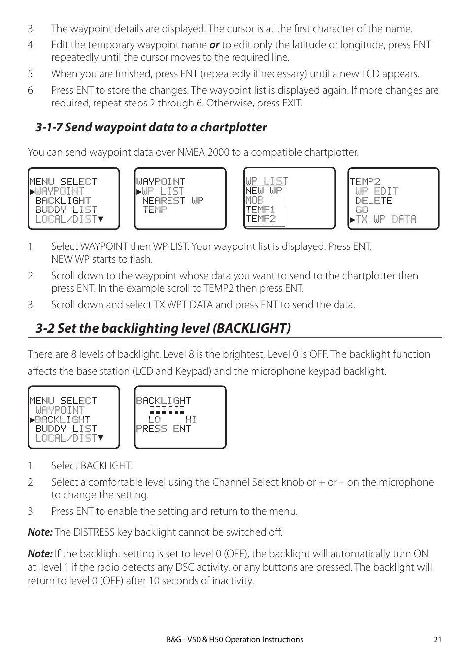 1-7 send waypoint data to a chartplotter, 2 set the backlighting level (backlight) | B&G H50 Wireless VHF Handset User Manual | Page 21 / 92