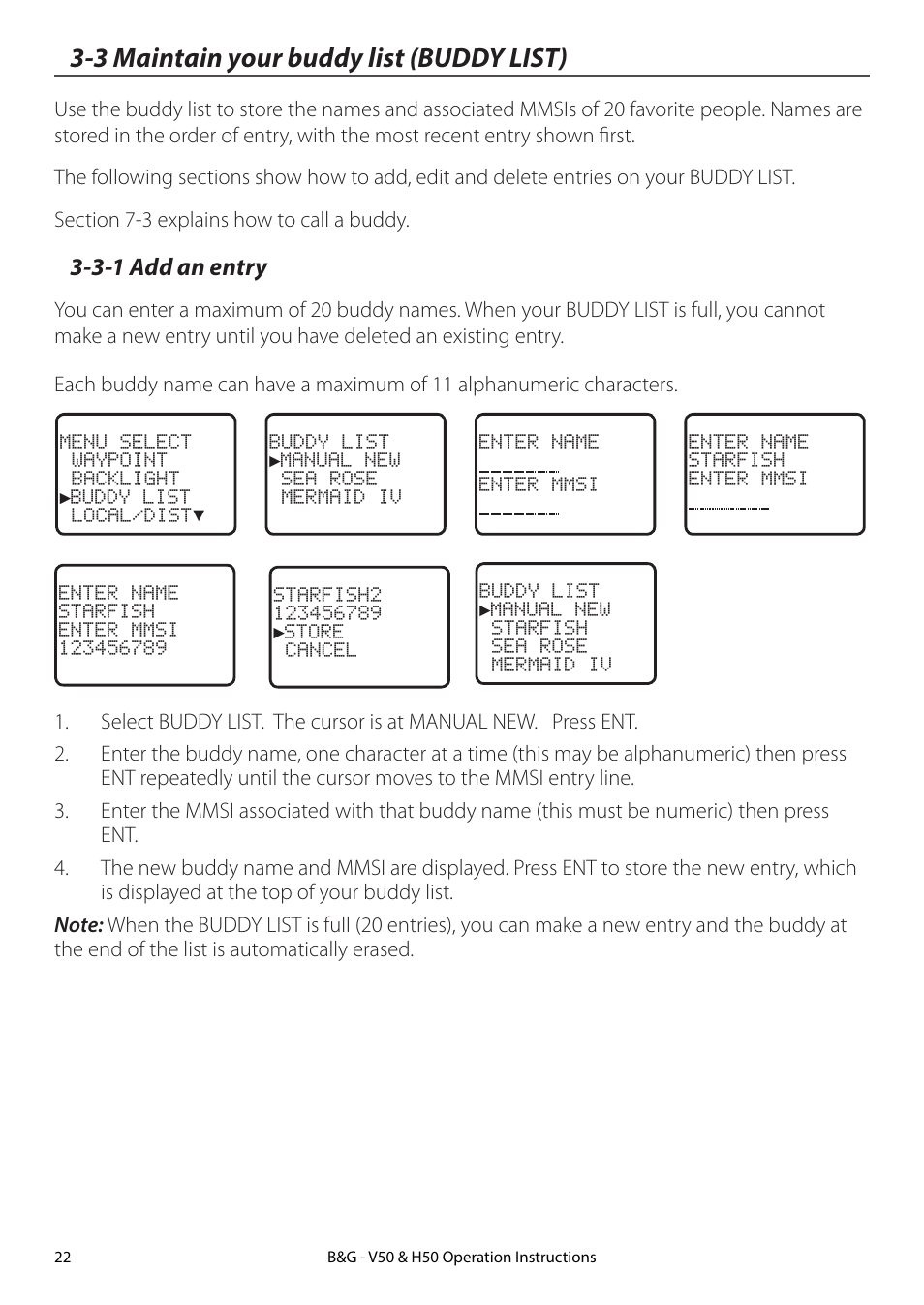 3 maintain your buddy list (buddy list), 3-1 add an entry | B&G H50 Wireless VHF Handset User Manual | Page 22 / 92