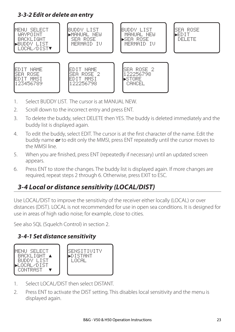 3-2 edit or delete an entry, 4 local or distance sensitivity (local/dist), 4-1 set distance sensitivity | B&G H50 Wireless VHF Handset User Manual | Page 23 / 92