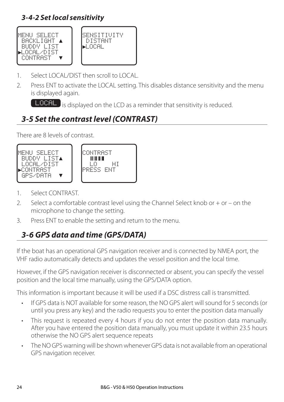 4-2 set local sensitivity, 5 set the contrast level (contrast), 6 gps data and time (gps/data) | B&G H50 Wireless VHF Handset User Manual | Page 24 / 92