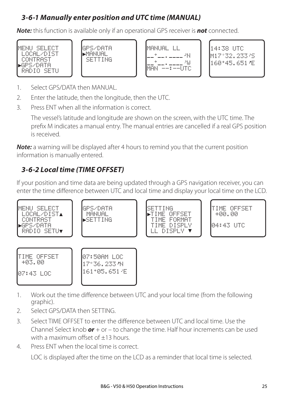 6-1 manually enter position and utc time (manual), 6-2 local time (time offset) | B&G H50 Wireless VHF Handset User Manual | Page 25 / 92