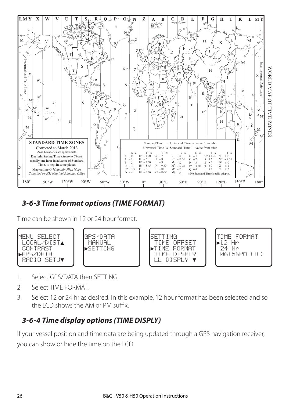 6-3 time format options (time format), 6-4 time display options (time disply), Time can be shown in 12 or 24 hour format | World map of time zones | B&G H50 Wireless VHF Handset User Manual | Page 26 / 92