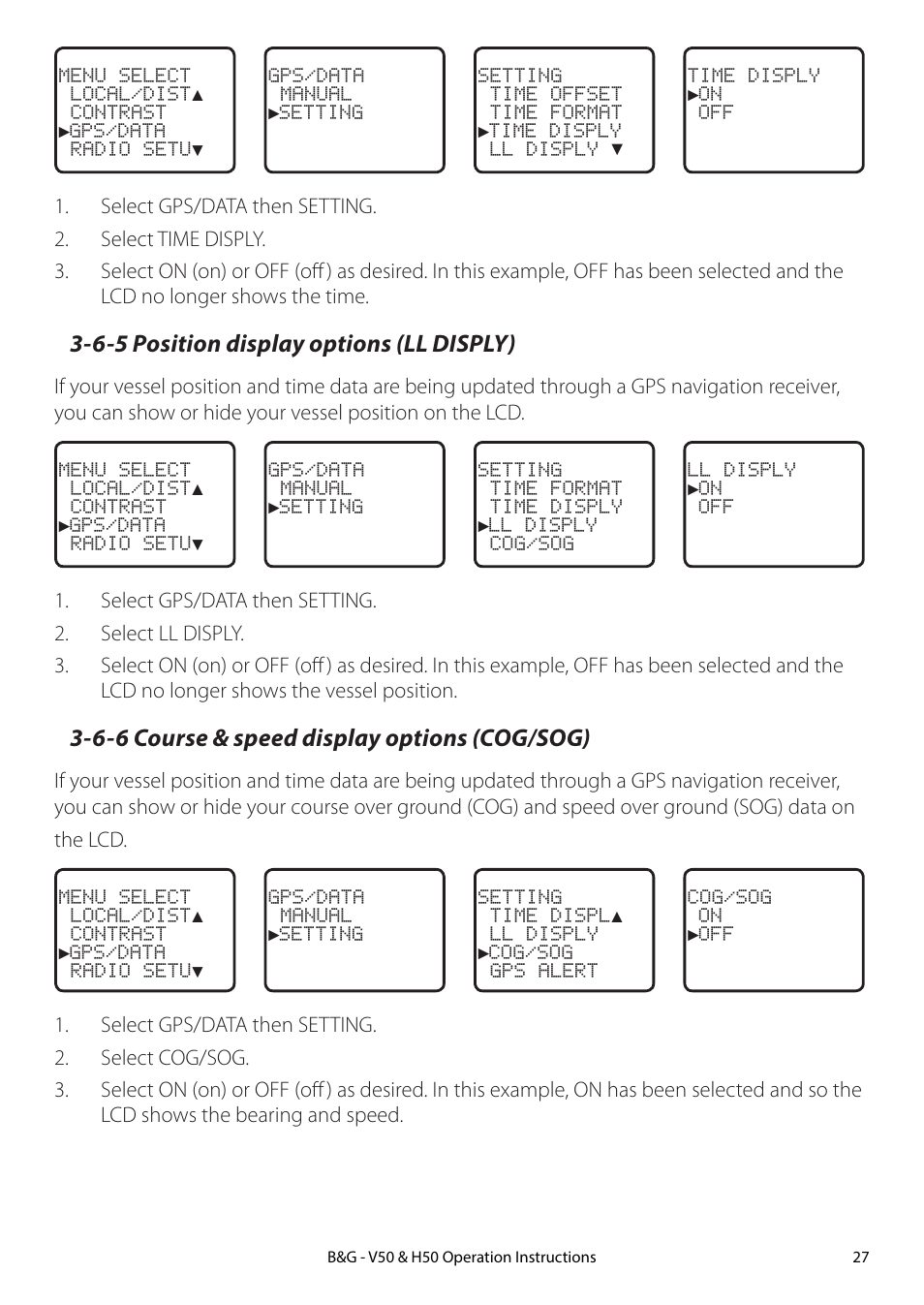 6-5 position display options (ll disply), 6-6 course & speed display options (cog/sog) | B&G H50 Wireless VHF Handset User Manual | Page 27 / 92