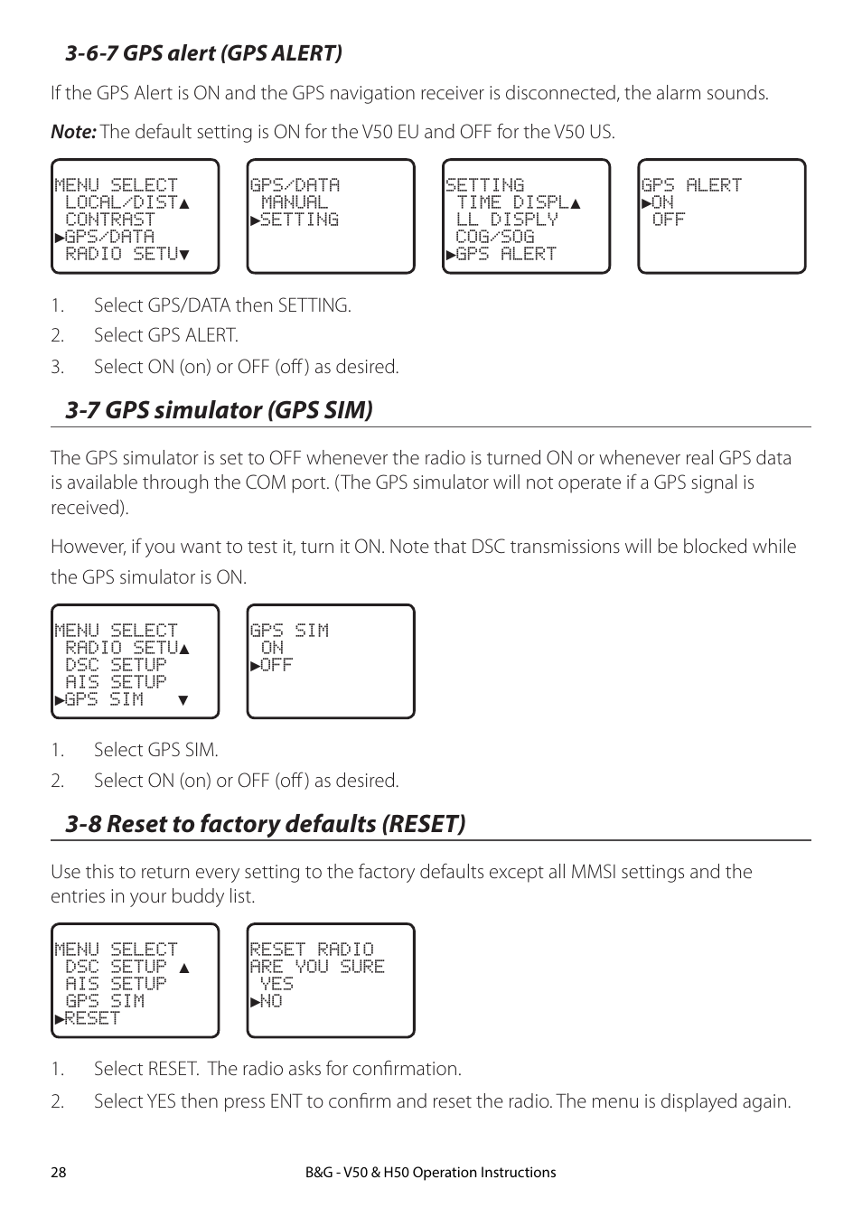 6-7 gps alert (gps alert), 7 gps simulator (gps sim), 8 reset to factory defaults (reset) | B&G H50 Wireless VHF Handset User Manual | Page 28 / 92