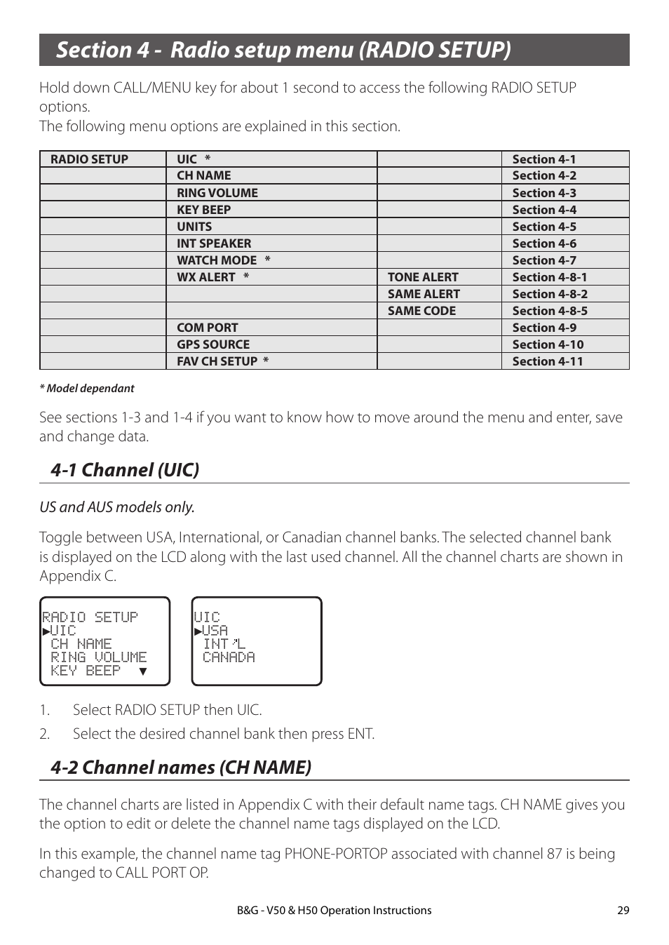 Section 4 - radio setup menu (radio setup), 1 channel (uic), 2 channel names (ch name) | 1 channel (uic) 4-2 channel names (ch name) | B&G H50 Wireless VHF Handset User Manual | Page 29 / 92