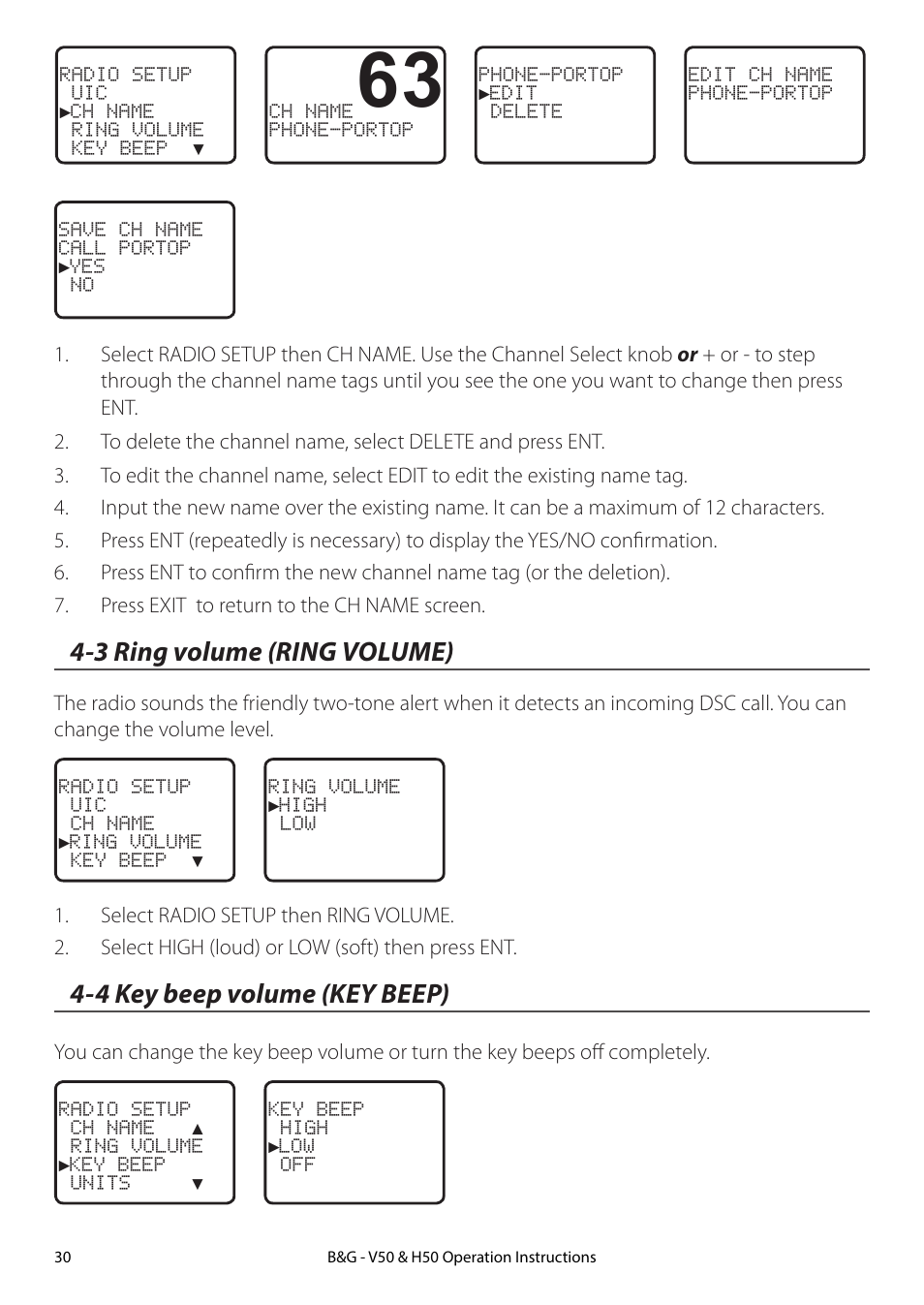 3 ring volume (ring volume), 4 key beep volume (key beep) | B&G H50 Wireless VHF Handset User Manual | Page 30 / 92