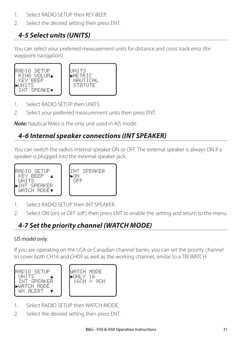 5 select units (units), 6 internal speaker connections (int speaker), 7 set the priority channel (watch mode) | B&G H50 Wireless VHF Handset User Manual | Page 31 / 92