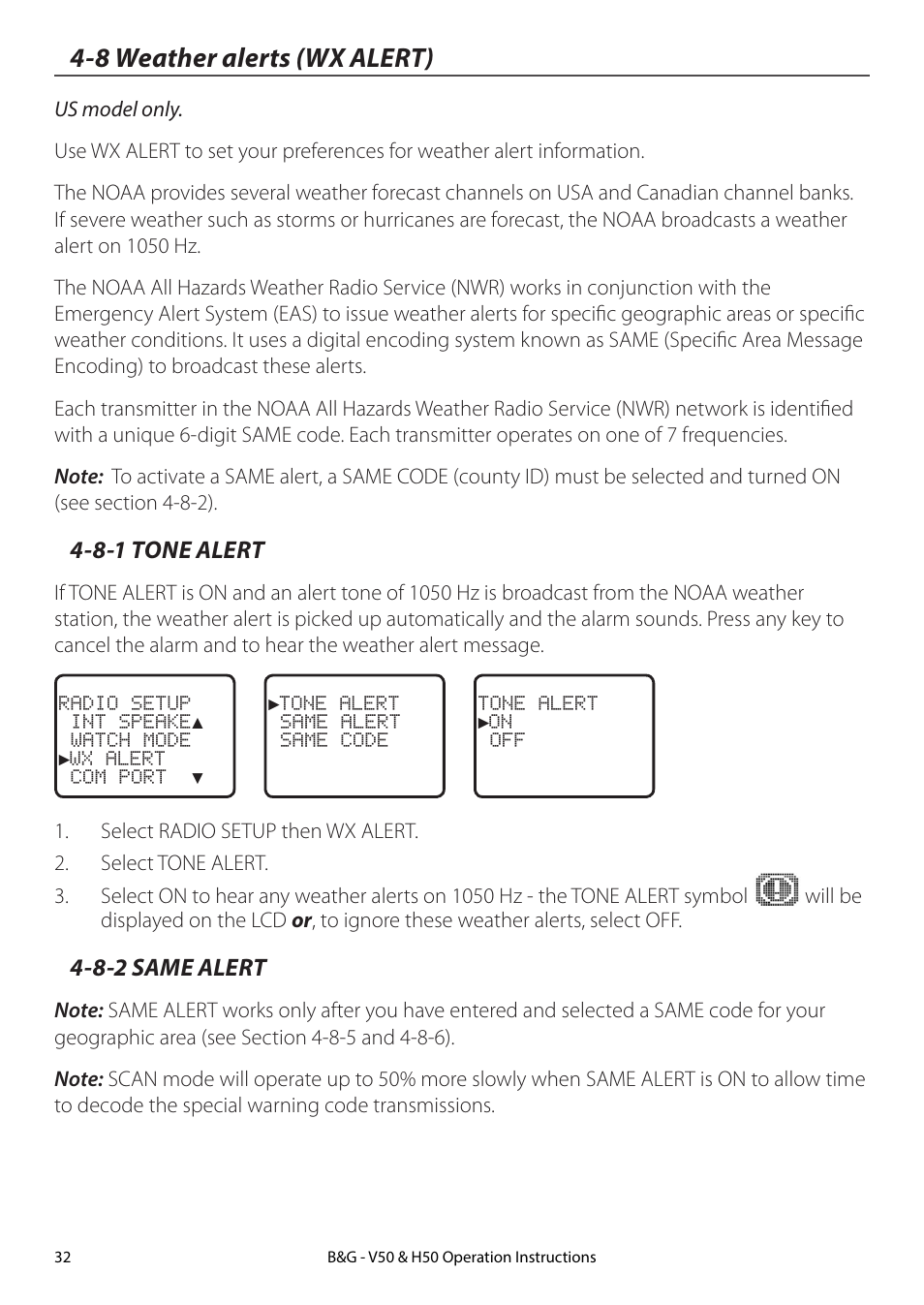 8 weather alerts (wx alert), 8-1 tone alert, 8-2 same alert | 8-1 tone alert 4-8-2 same alert | B&G H50 Wireless VHF Handset User Manual | Page 32 / 92