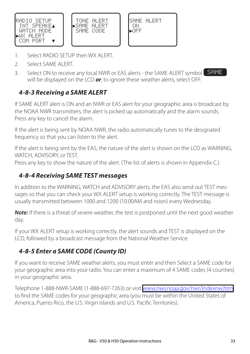 8-3 receiving a same alert, 8-4 receiving same test messages, 8-5 enter a same code (county id) | B&G H50 Wireless VHF Handset User Manual | Page 33 / 92