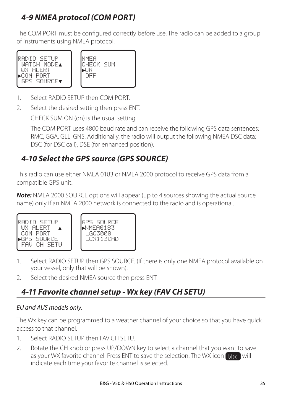 9 nmea protocol (com port), 10 select the gps source (gps source), 11 favorite channel setup - wx key (fav ch setu) | B&G H50 Wireless VHF Handset User Manual | Page 35 / 92