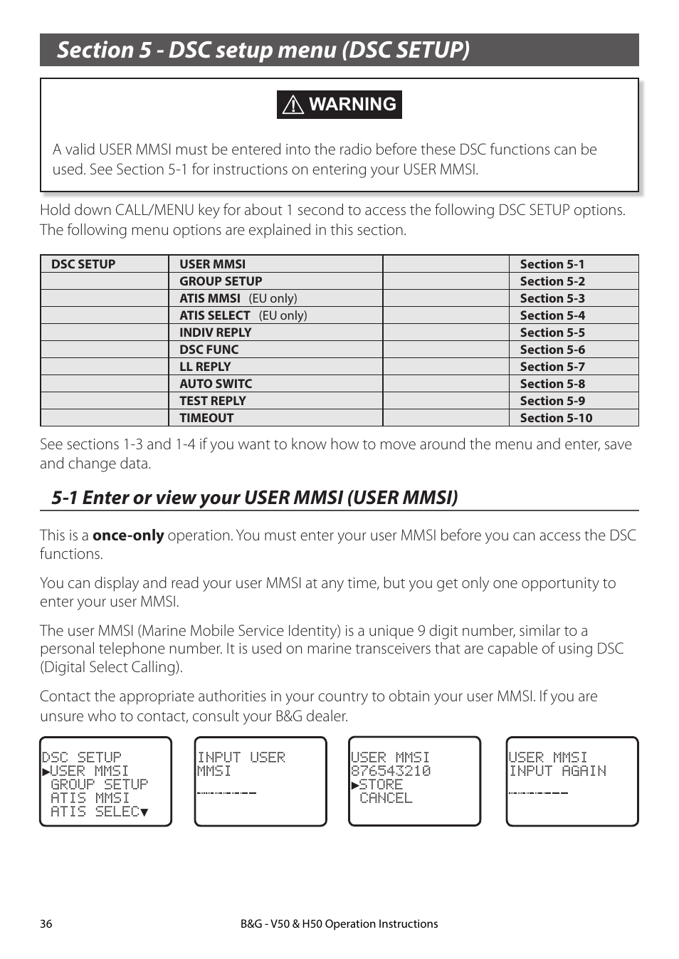 Section 5 - dsc setup menu (dsc setup), 1 enter or view your user mmsi (user mmsi), Warning | B&G H50 Wireless VHF Handset User Manual | Page 36 / 92