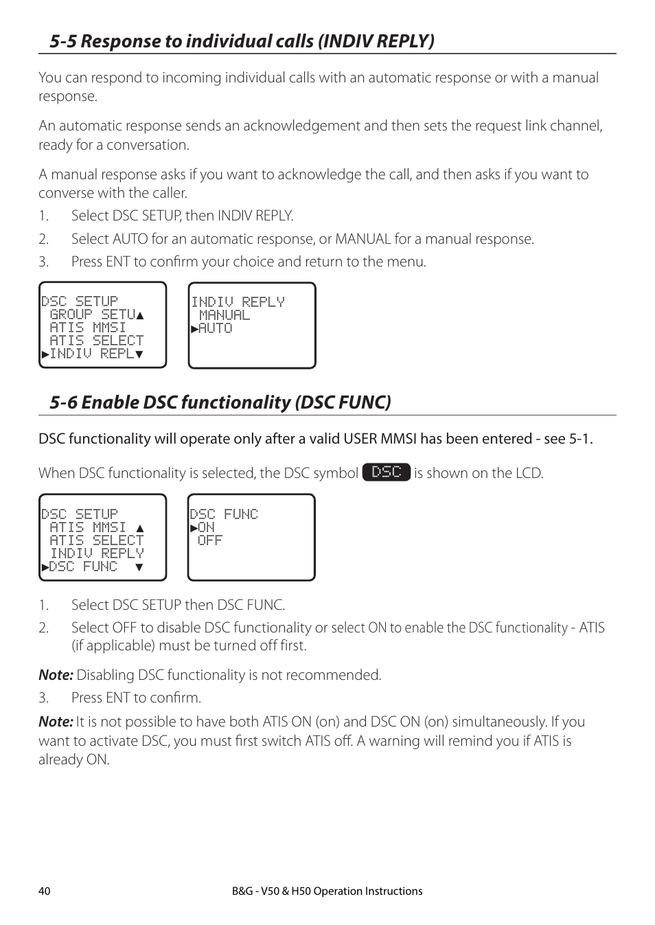 5 response to individual calls (indiv reply), 6 enable dsc functionality (dsc func) | B&G H50 Wireless VHF Handset User Manual | Page 40 / 92