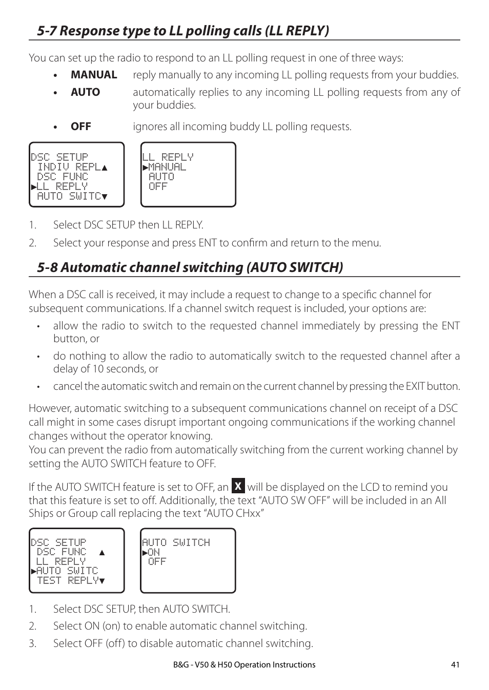 7 response type to ll polling calls (ll reply), 8 automatic channel switching (auto switch) | B&G H50 Wireless VHF Handset User Manual | Page 41 / 92