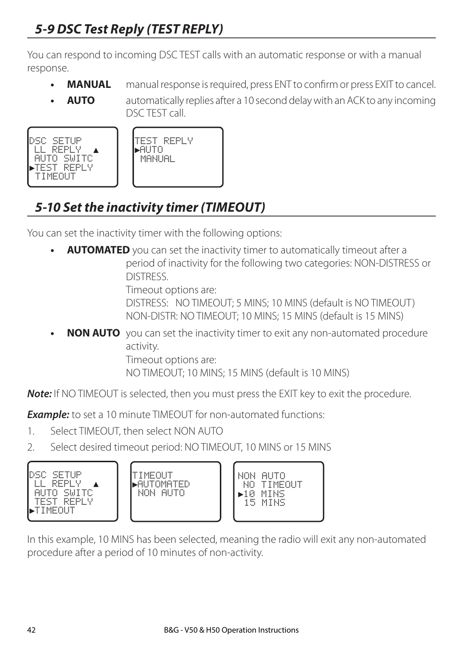 9 dsc test reply (test reply), 10 set the inactivity timer (timeout) | B&G H50 Wireless VHF Handset User Manual | Page 42 / 92