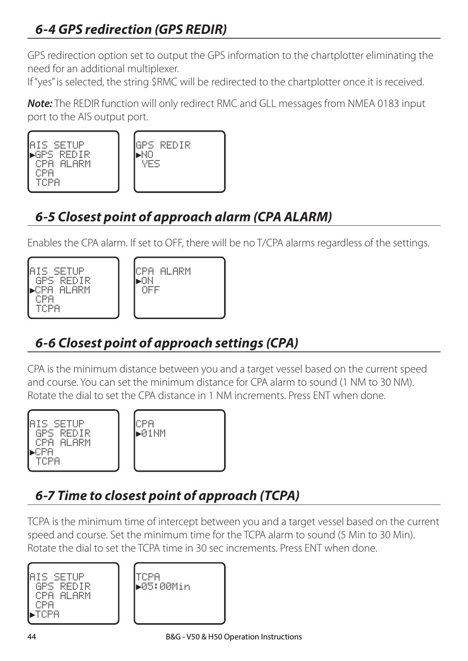 4 gps redirection (gps redir), 5 closest point of approach alarm (cpa alarm), 6 closest point of approach settings (cpa) | 7 time to closest point of approach (tcpa) | B&G H50 Wireless VHF Handset User Manual | Page 44 / 92