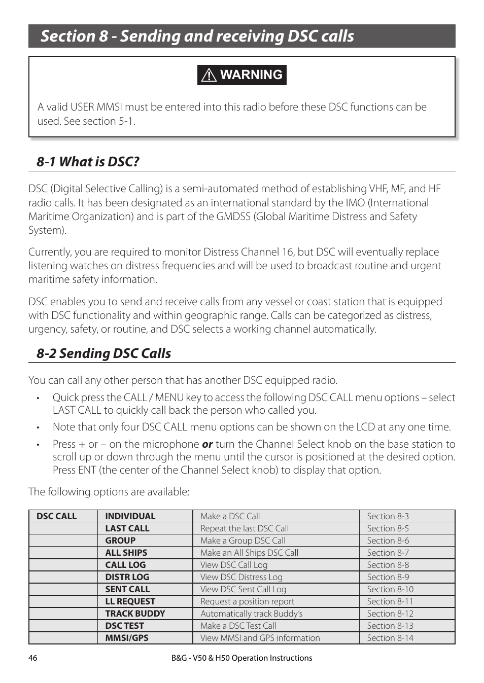 Section 8 - sending and receiving dsc calls, 1 what is dsc, 2 sending dsc calls | 1 what is dsc? 8-2 sending dsc calls, Warning | B&G H50 Wireless VHF Handset User Manual | Page 46 / 92