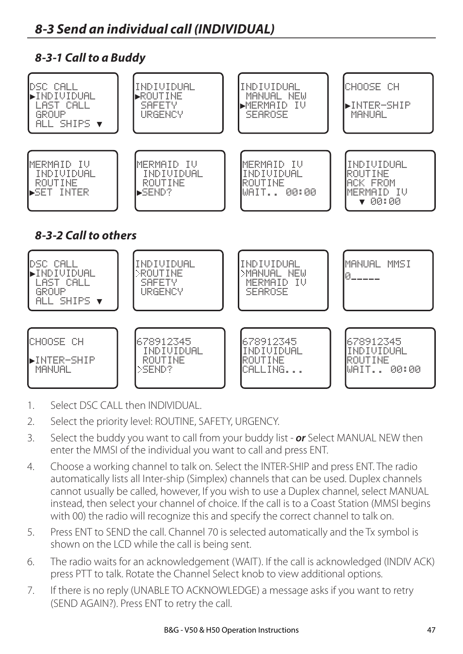 3 send an individual call (individual), 3-1 call to a buddy, 3-2 call to others | 3-1 call to a buddy 8-3-2 call to others | B&G H50 Wireless VHF Handset User Manual | Page 47 / 92