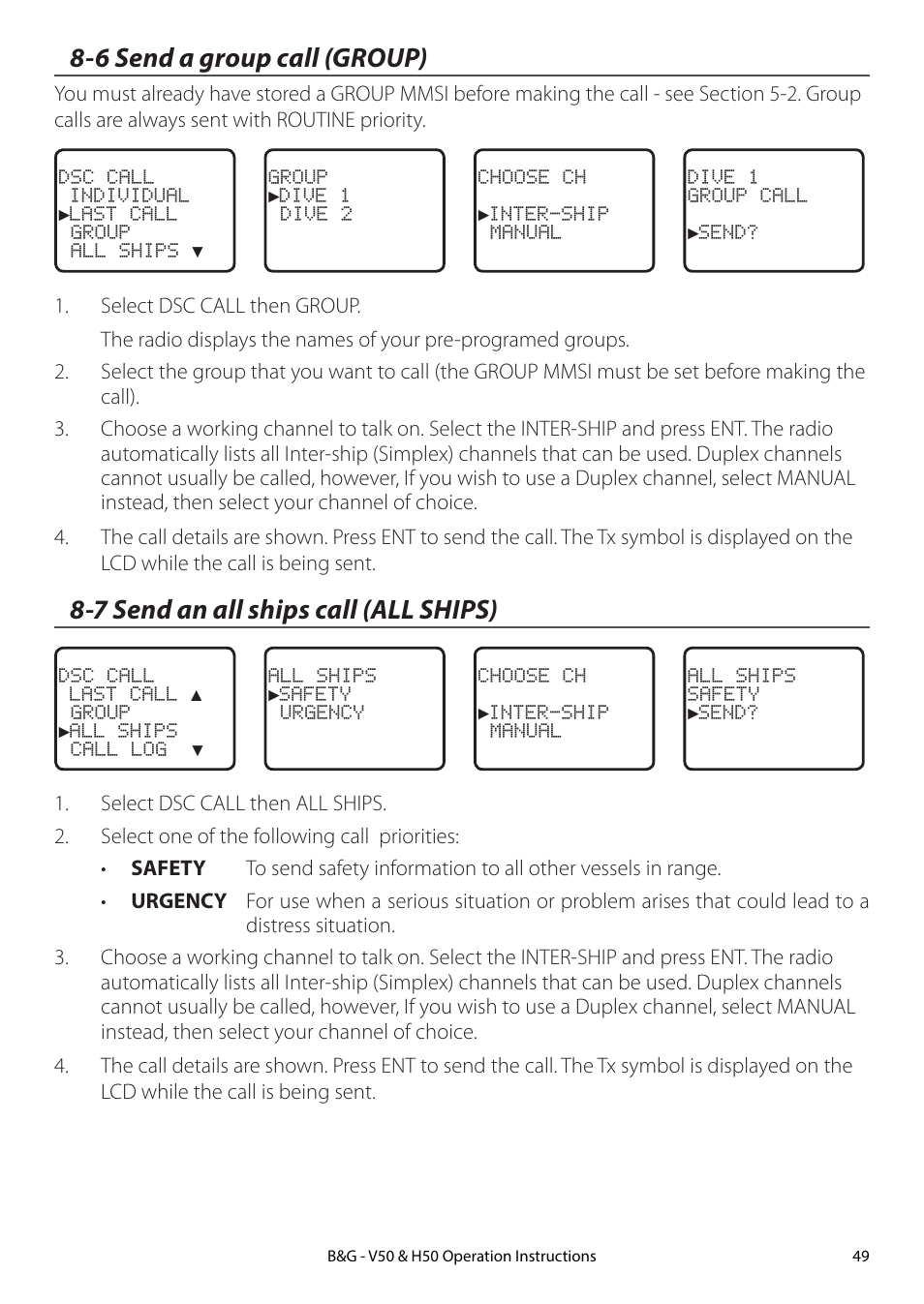 6 send a group call (group), 7 send an all ships call (all ships) | B&G H50 Wireless VHF Handset User Manual | Page 49 / 92