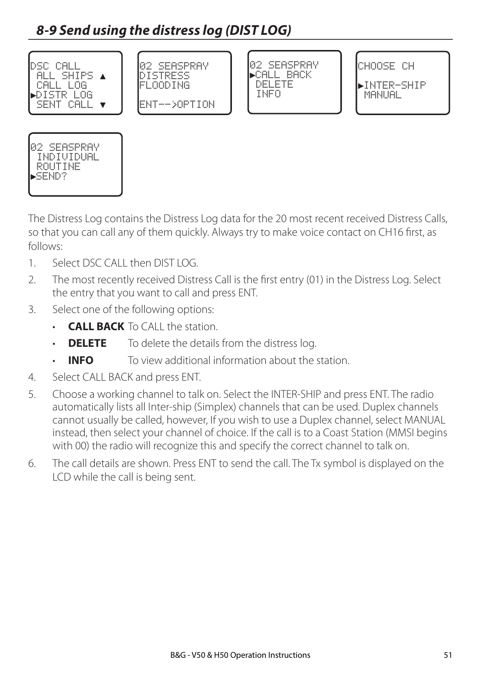 9 send using the distress log (dist log) | B&G H50 Wireless VHF Handset User Manual | Page 51 / 92