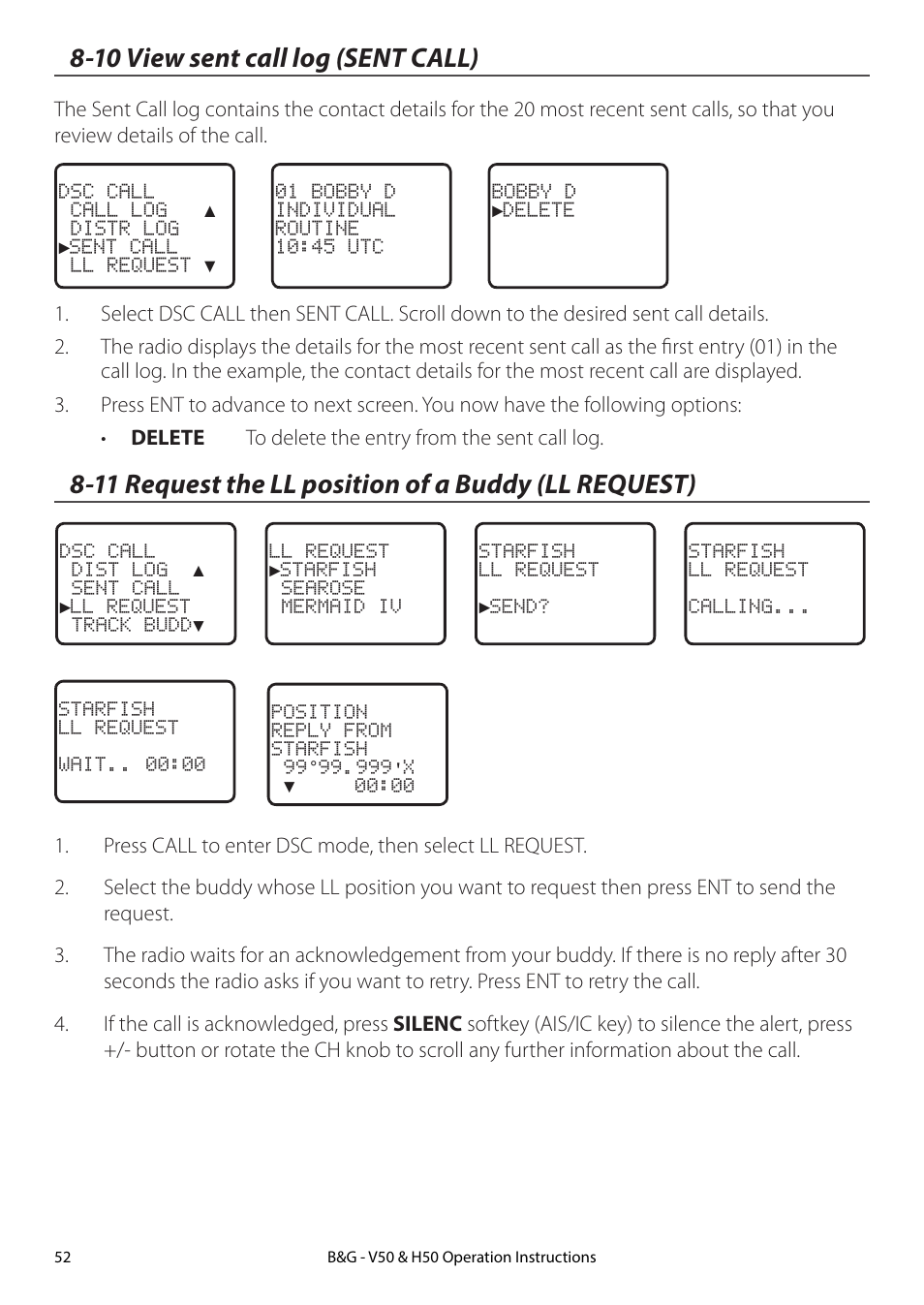 10 view sent call log (sent call), 11 request the ll position of a buddy (ll request) | B&G H50 Wireless VHF Handset User Manual | Page 52 / 92