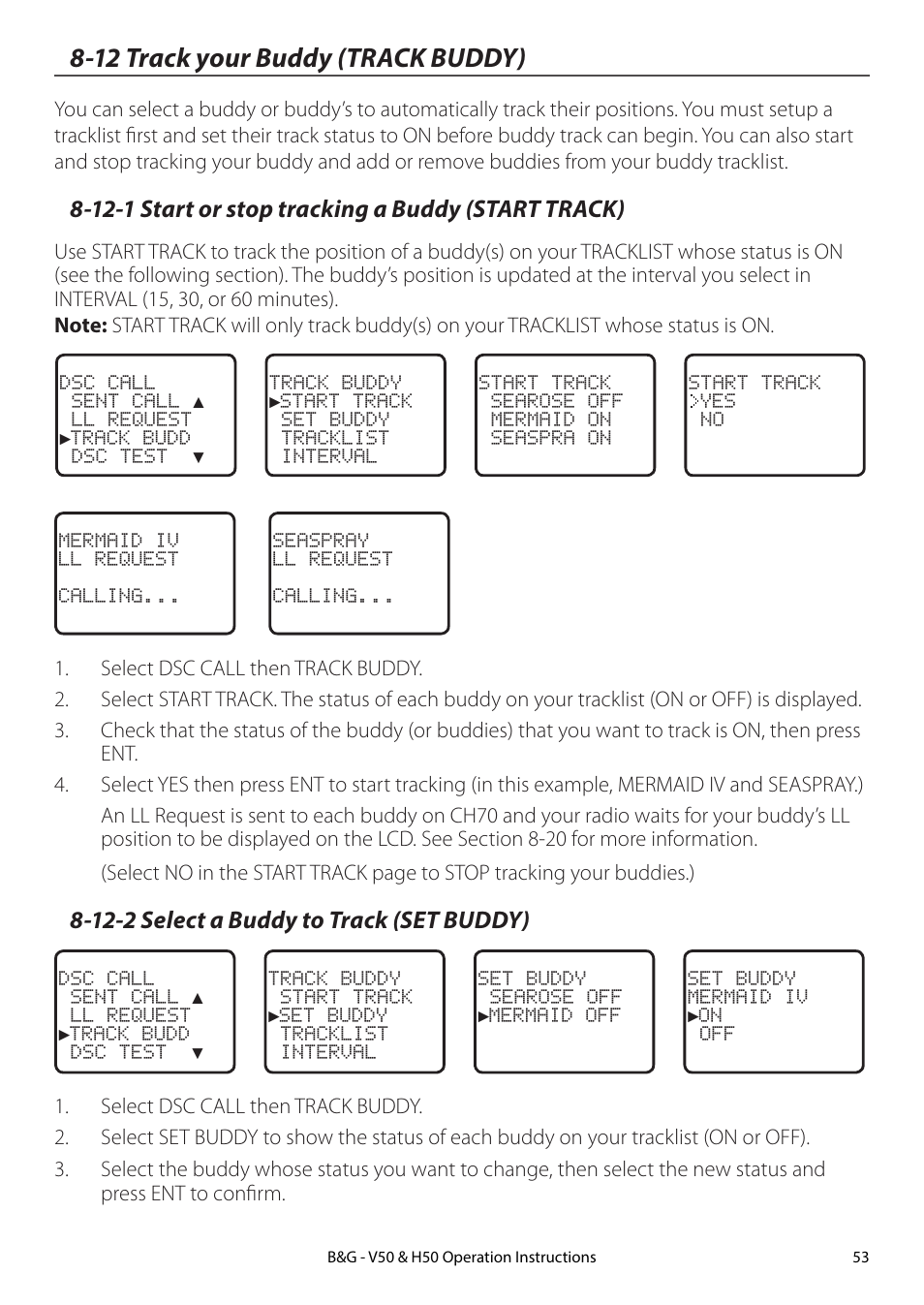 12 track your buddy (track buddy), 12-1 start or stop tracking a buddy (start track), 12-2 select a buddy to track (set buddy) | B&G H50 Wireless VHF Handset User Manual | Page 53 / 92