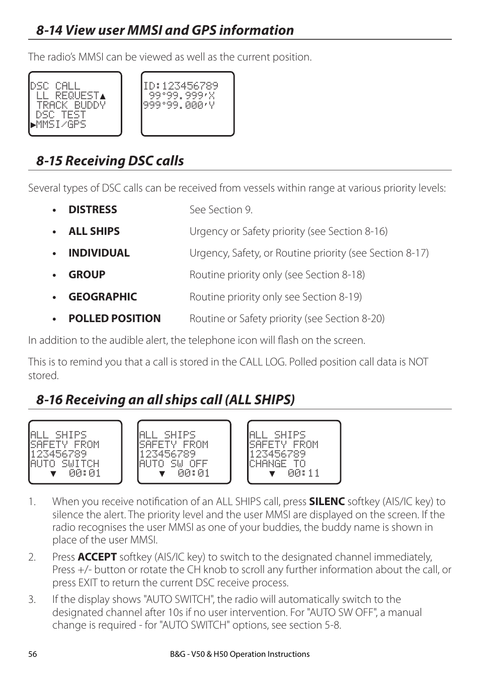 14 view user mmsi and gps information, 15 receiving dsc calls, 16 receiving an all ships call (all ships) | B&G H50 Wireless VHF Handset User Manual | Page 56 / 92