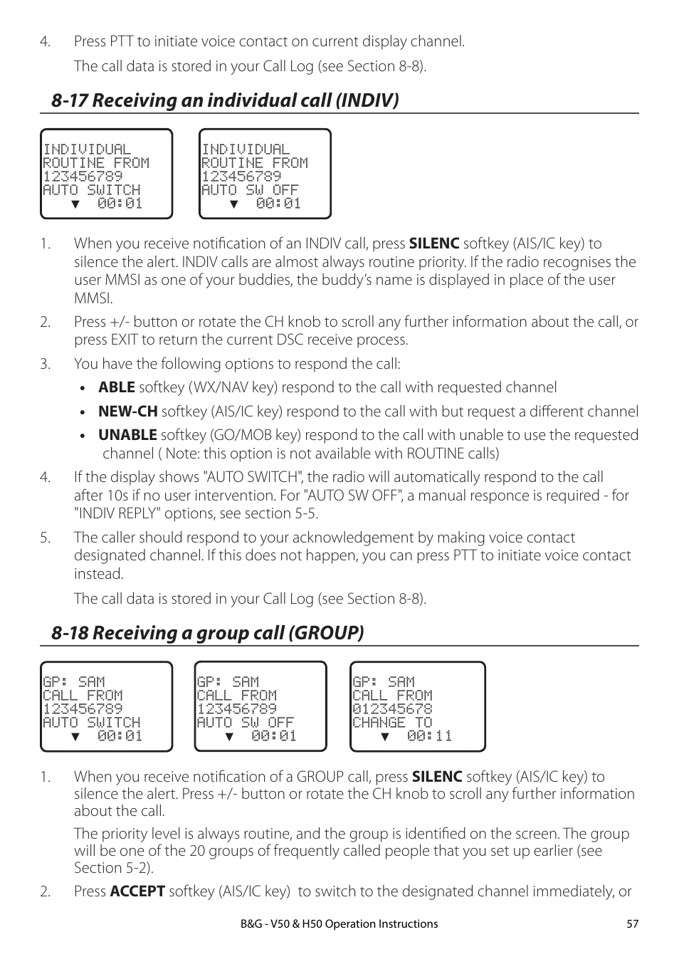 17 receiving an individual call (indiv), 18 receiving a group call (group) | B&G H50 Wireless VHF Handset User Manual | Page 57 / 92