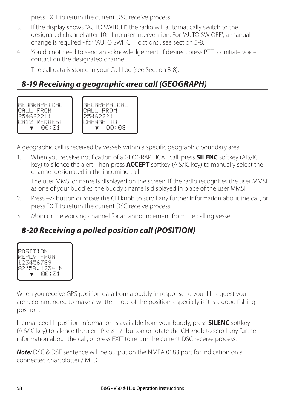 19 receiving a geographic area call (geograph), 20 receiving a polled position call (position) | B&G H50 Wireless VHF Handset User Manual | Page 58 / 92