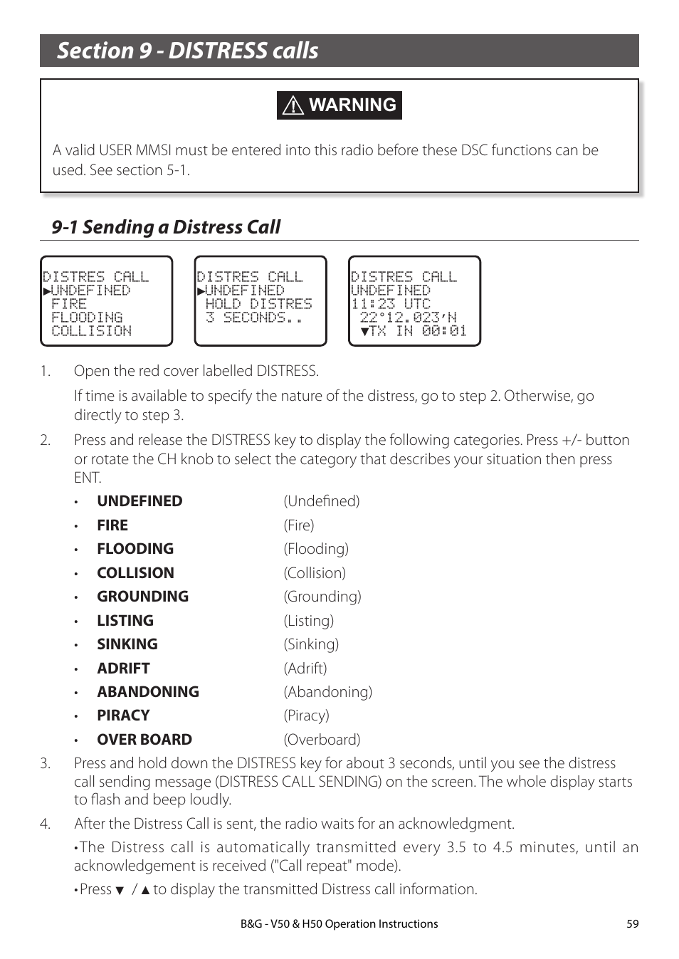 Section 9 - distress calls, 1 sending a distress call, Warning | B&G H50 Wireless VHF Handset User Manual | Page 59 / 92