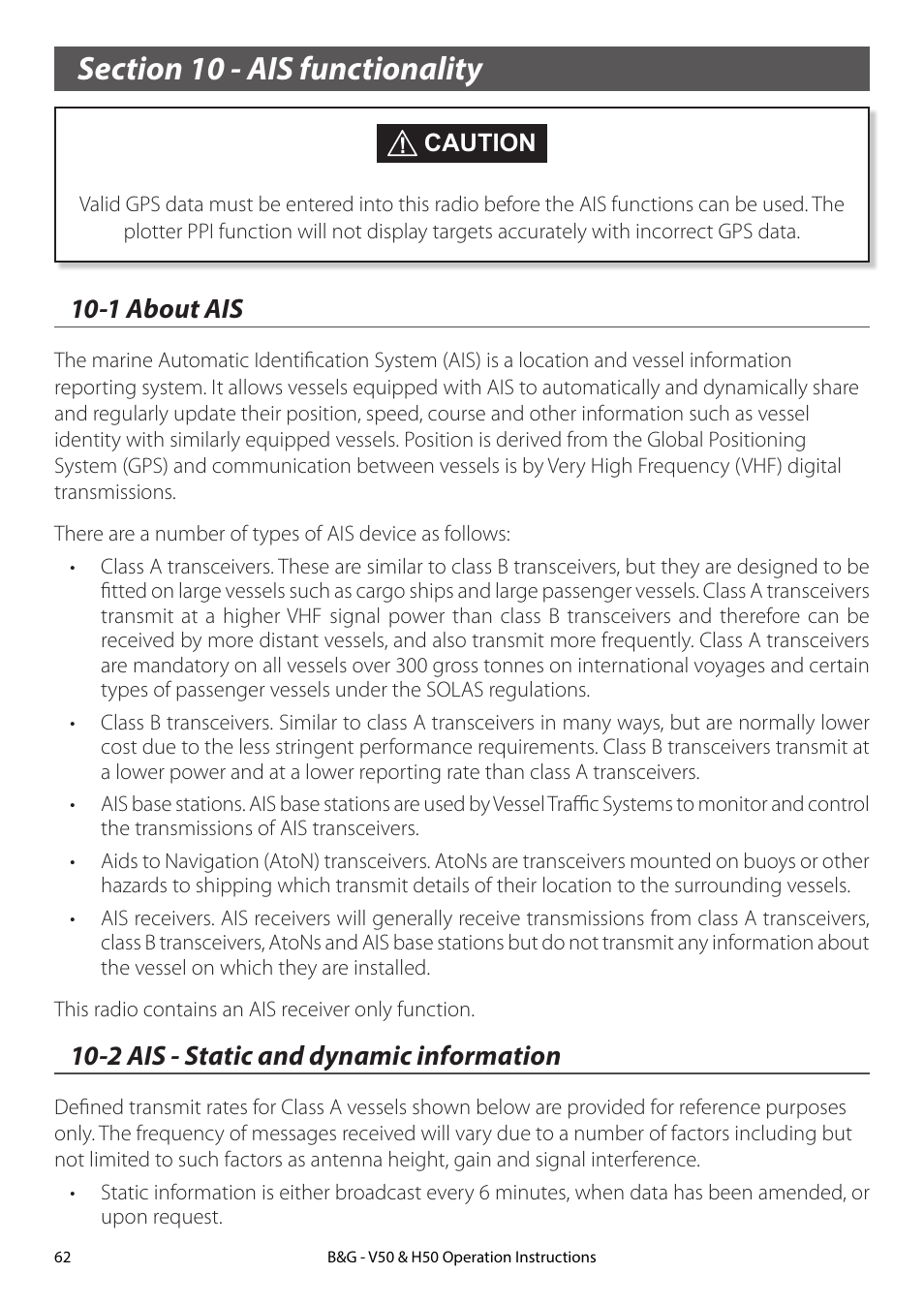 Section 10 - ais functionality, 1 about ais, 2 ais - static and dynamic information | B&G H50 Wireless VHF Handset User Manual | Page 62 / 92