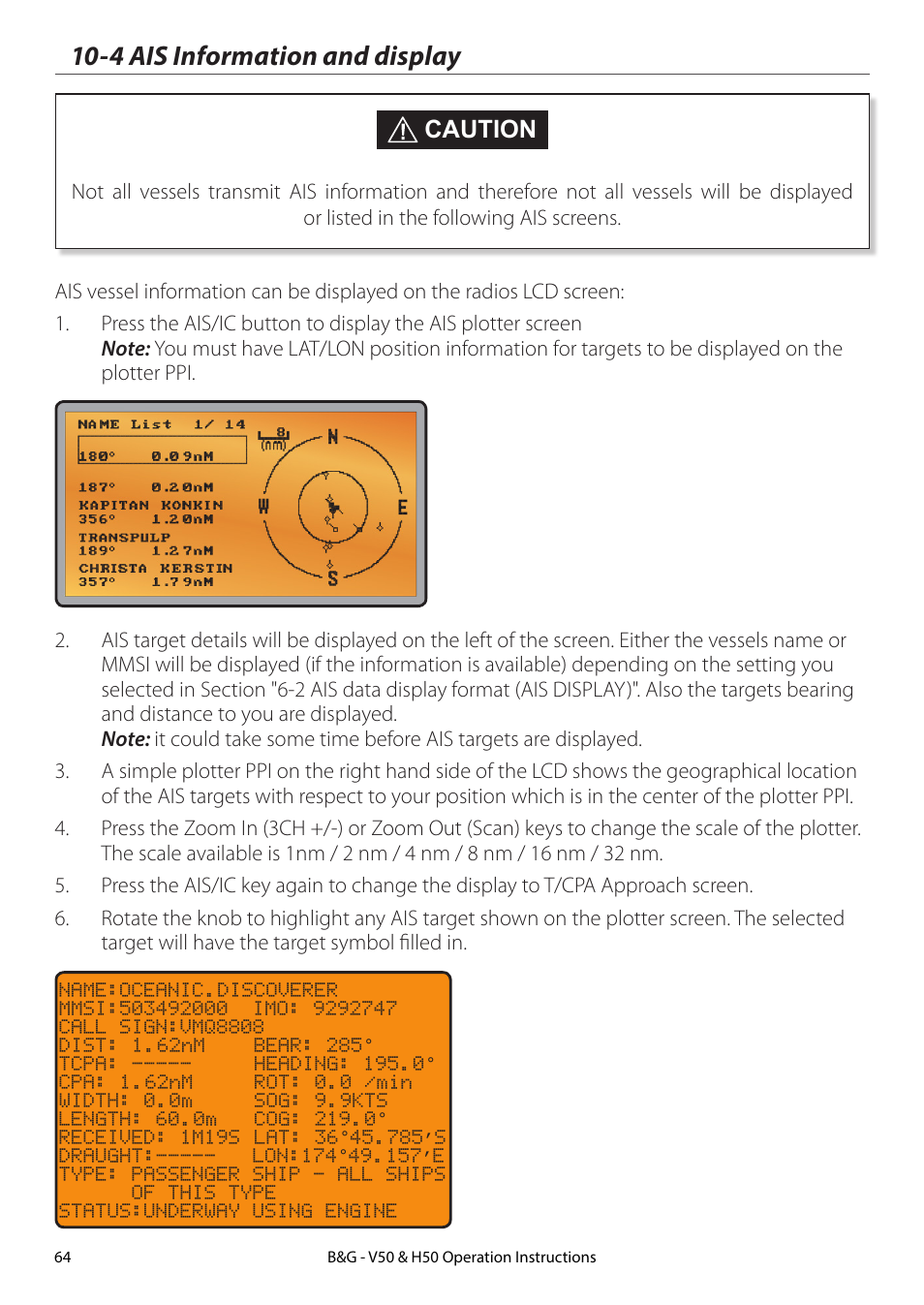 4 ais information and display, Caution | B&G H50 Wireless VHF Handset User Manual | Page 64 / 92