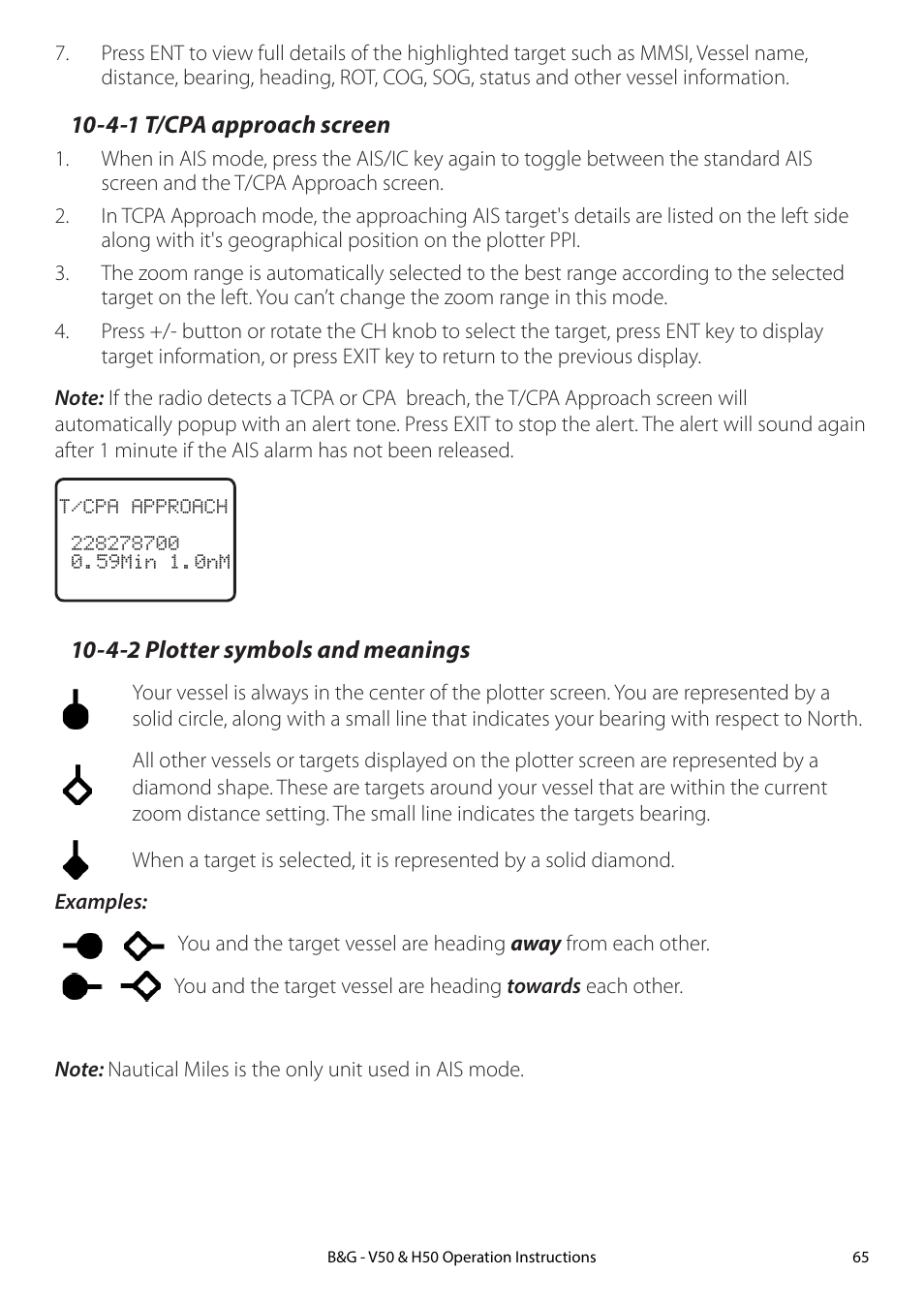 4-1 t/cpa approach screen, 4-2 plotter symbols and meanings | B&G H50 Wireless VHF Handset User Manual | Page 65 / 92