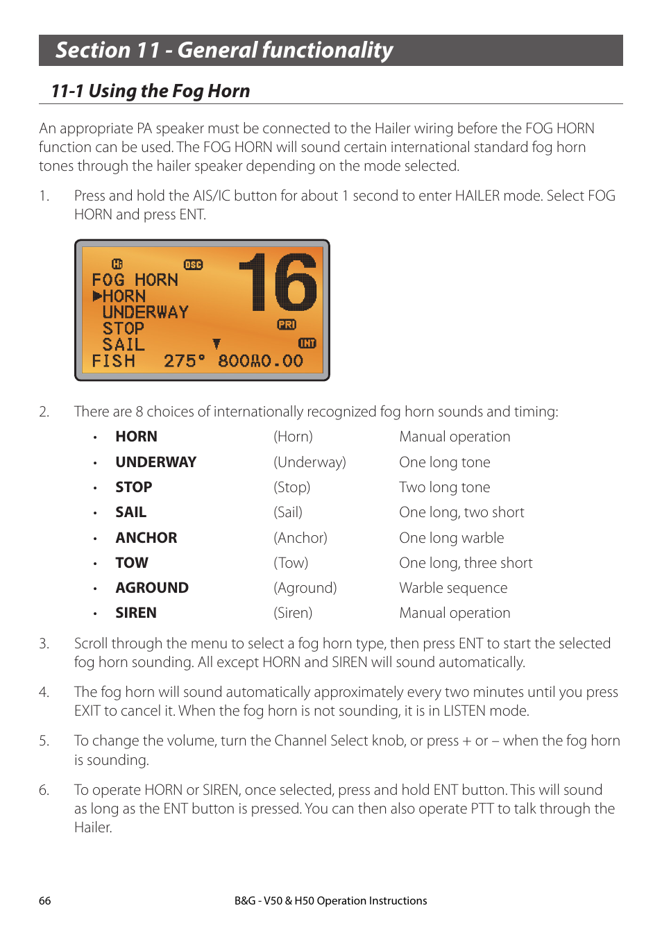 Section 11 - general functionality, 1 using the fog horn | B&G H50 Wireless VHF Handset User Manual | Page 66 / 92