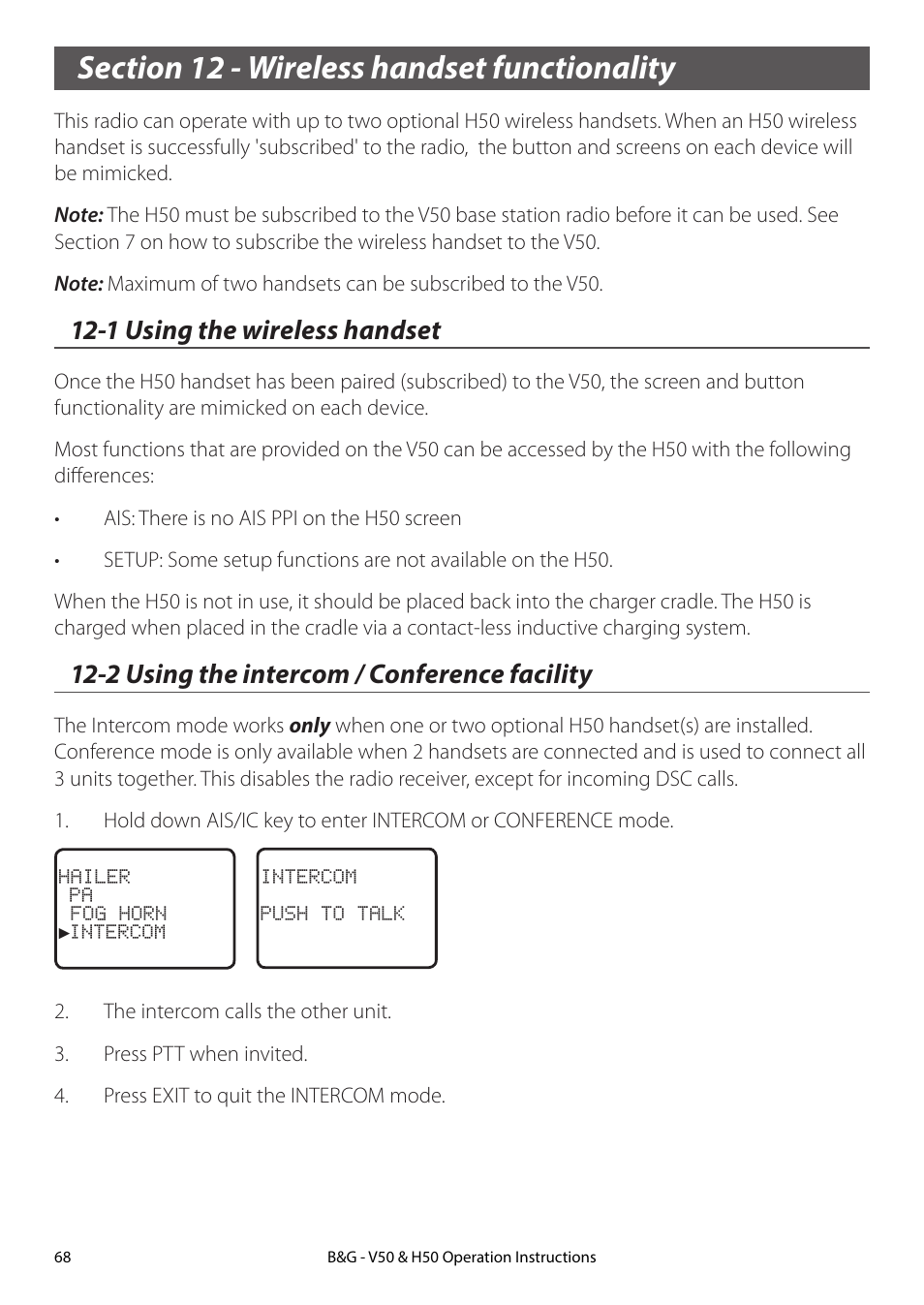 Section 12 - wireless handset functionality, 1 using the wireless handset, 2 using the intercom / conference facility | B&G H50 Wireless VHF Handset User Manual | Page 68 / 92