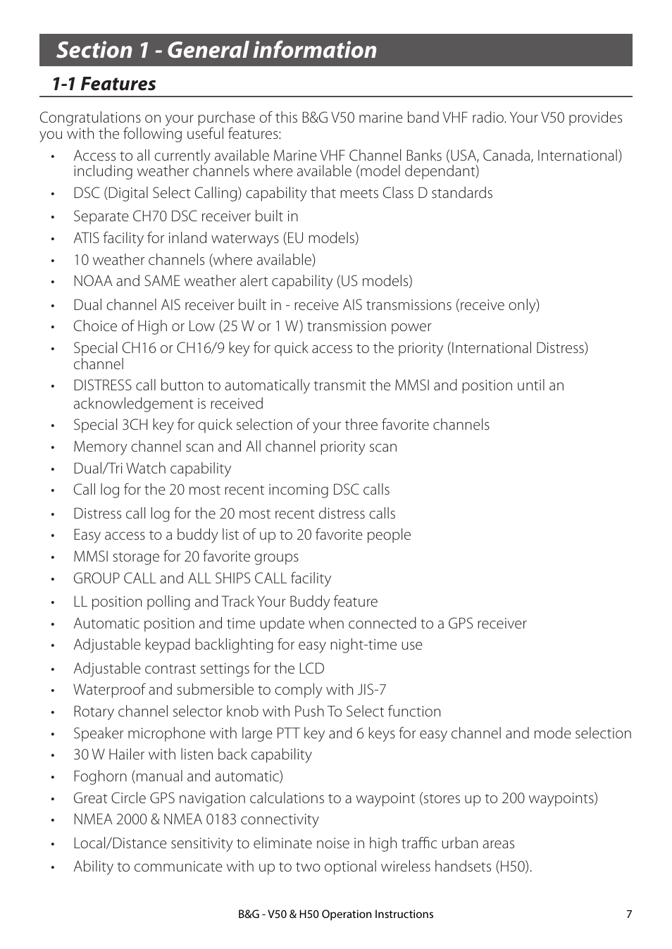 Section 1 - general information, 1 features | B&G H50 Wireless VHF Handset User Manual | Page 7 / 92