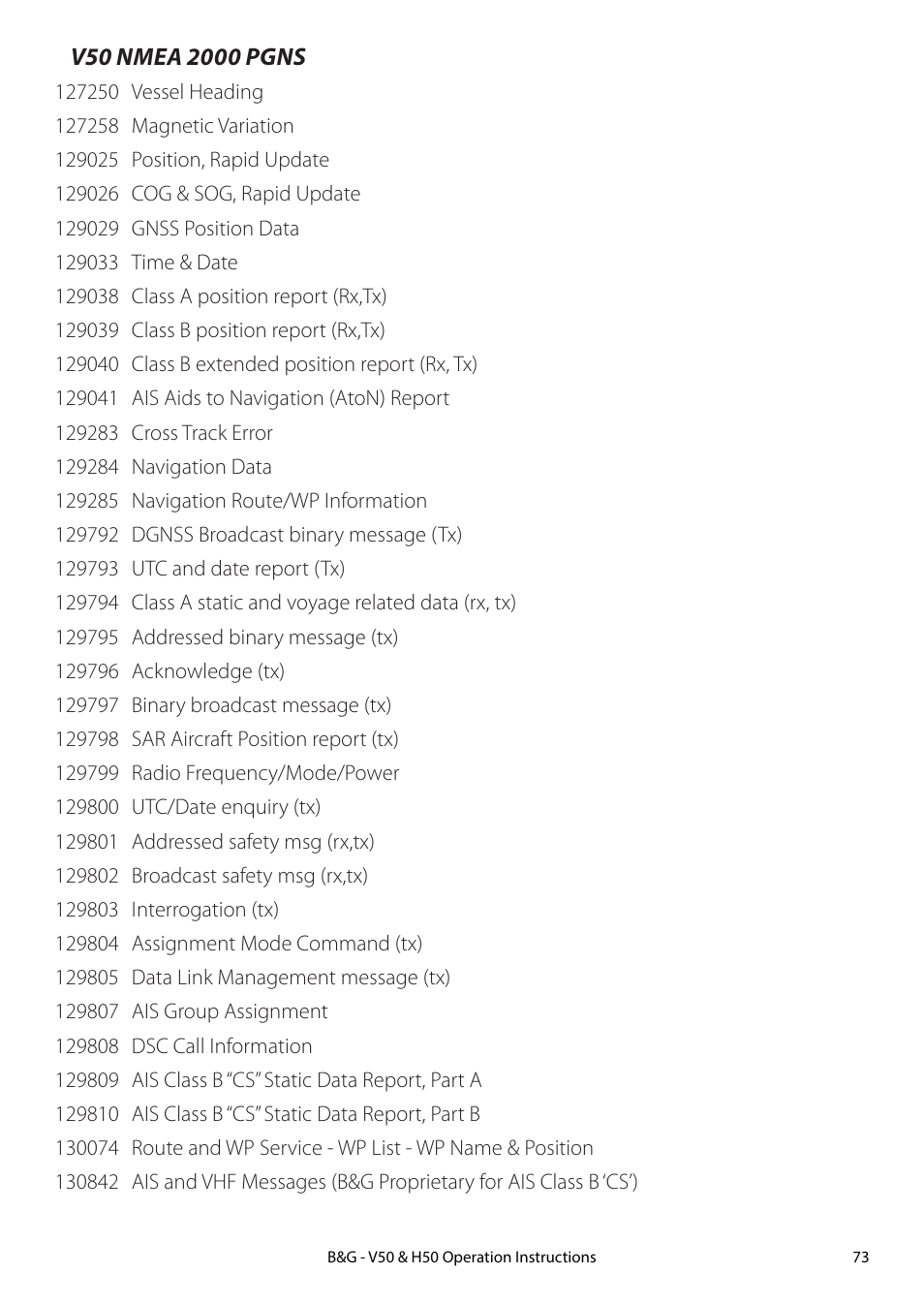 V50 nmea 2000 pgns | B&G H50 Wireless VHF Handset User Manual | Page 73 / 92