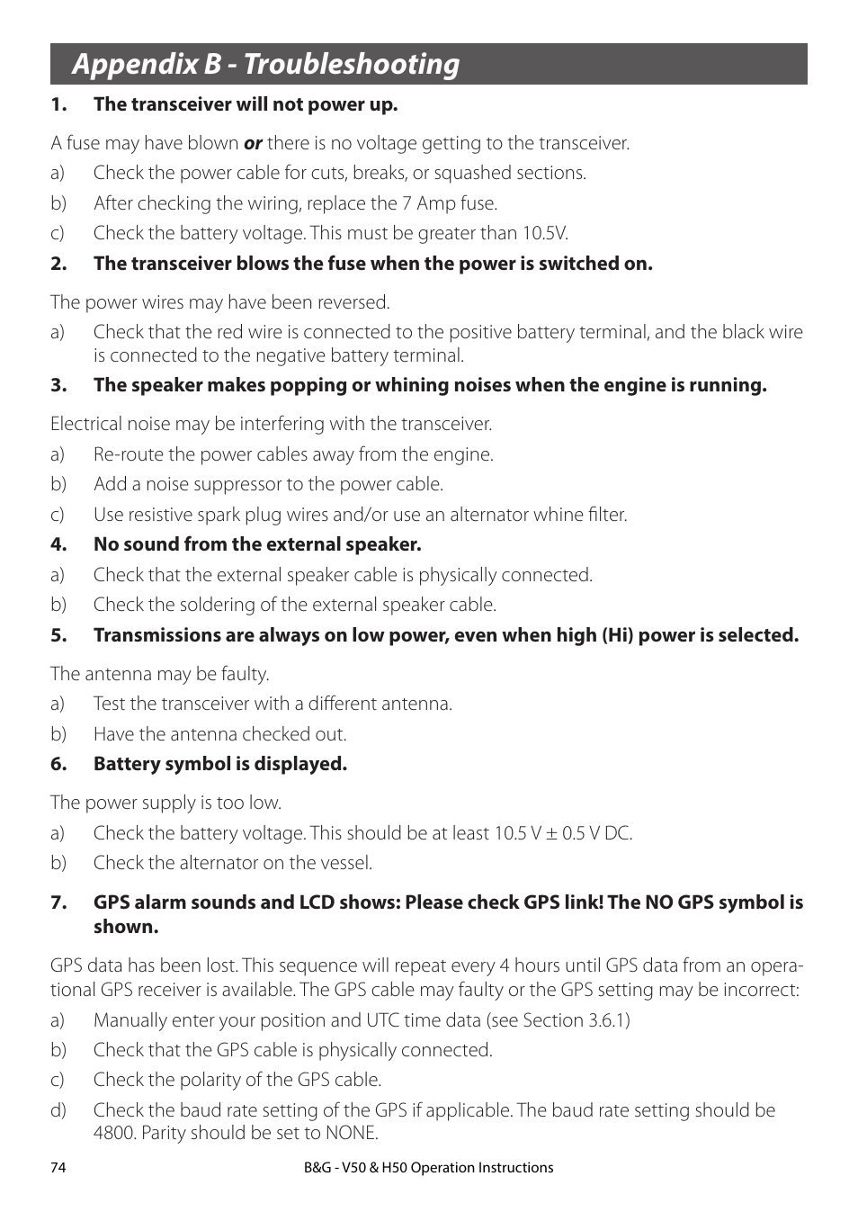 Appendix b - troubleshooting | B&G H50 Wireless VHF Handset User Manual | Page 74 / 92