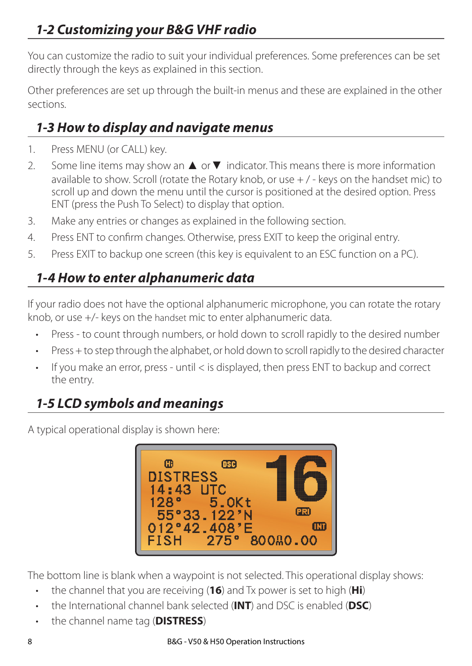 2 customizing your b&g vhf radio, 3 how to display and navigate menus, 4 how to enter alphanumeric data | 5 lcd symbols and meanings | B&G H50 Wireless VHF Handset User Manual | Page 8 / 92