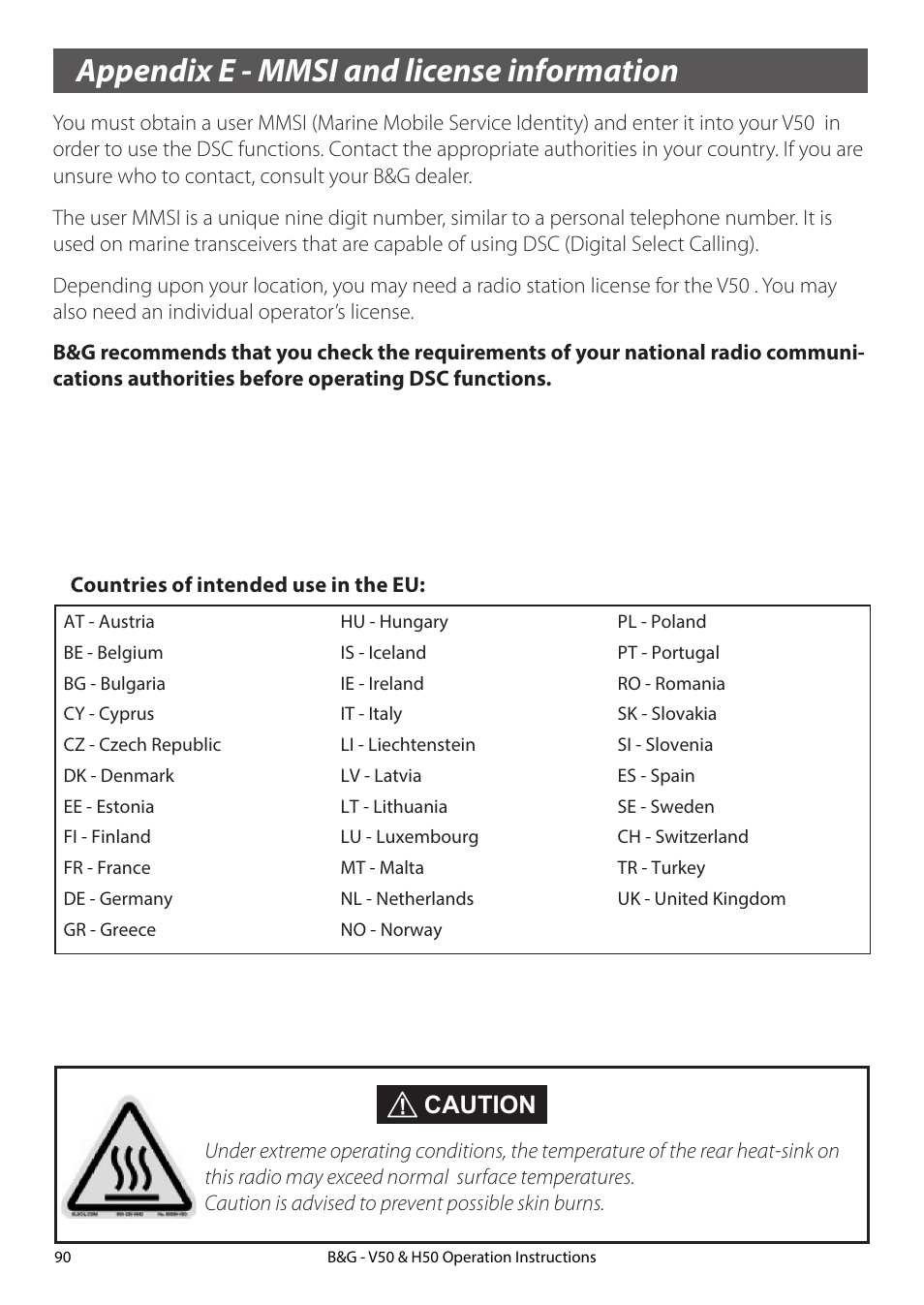 Appendix e - mmsi and license information, Countries of intended use in the eu, Caution | B&G H50 Wireless VHF Handset User Manual | Page 90 / 92