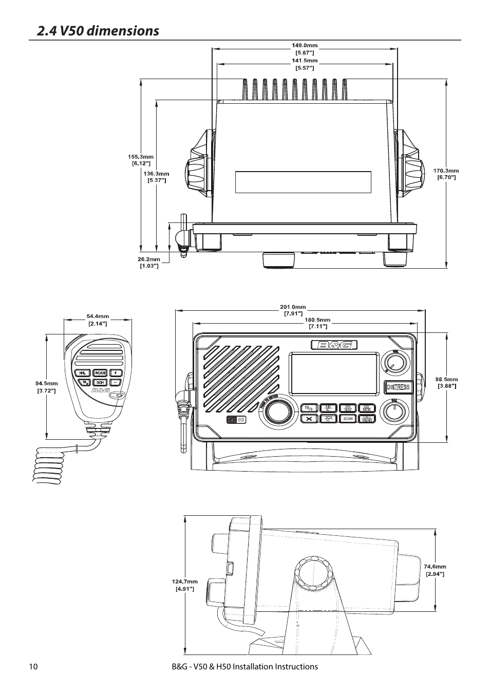 4 rs35 dimensions, 4 v50 dimensions | B&G H50 Wireless VHF Handset User Manual | Page 10 / 22