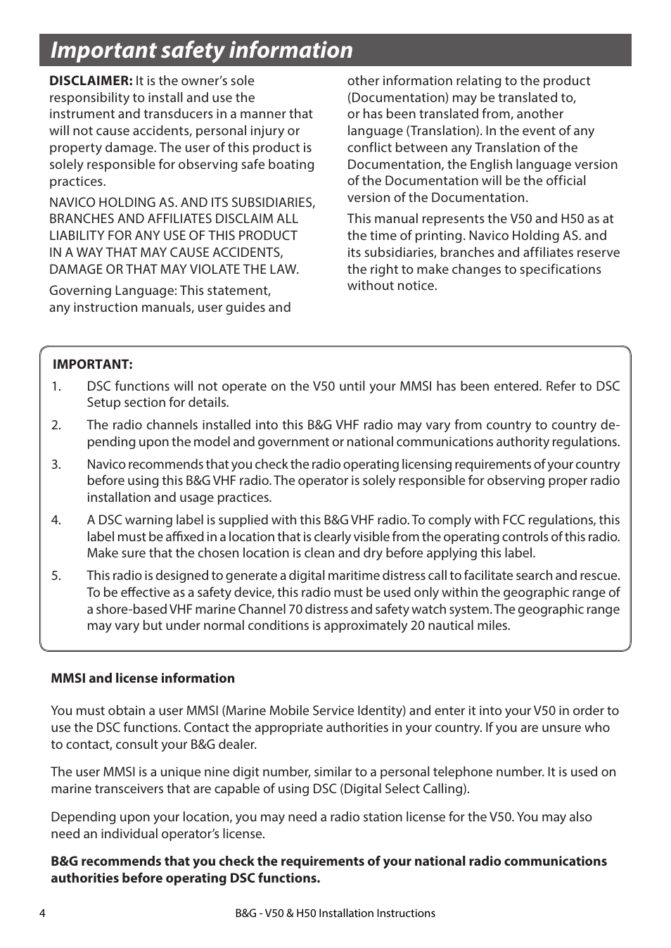 Important safety information | B&G H50 Wireless VHF Handset User Manual | Page 4 / 22