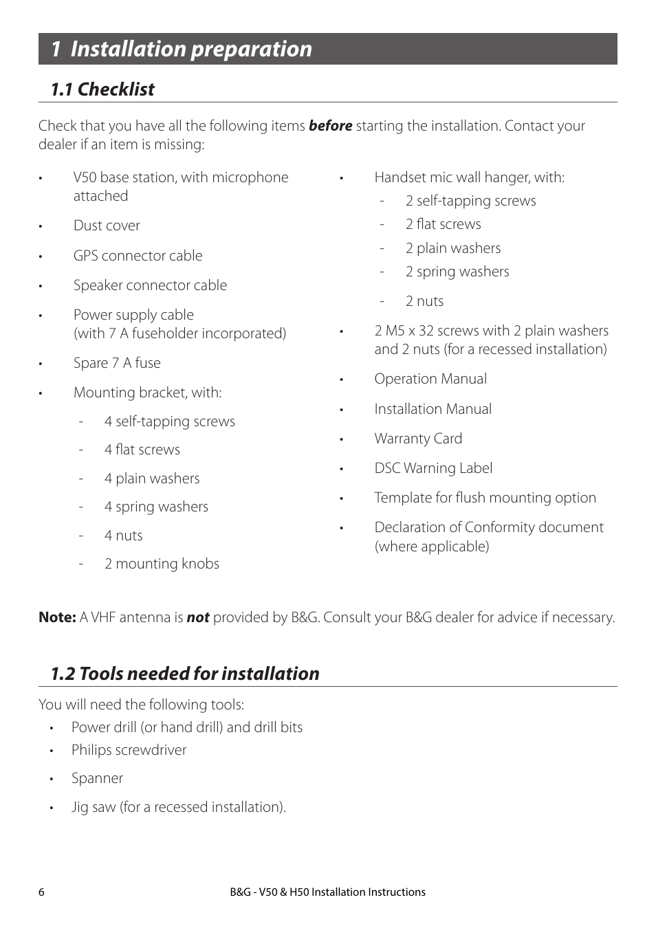 1 installation preparation, 1 checklist, 2 tools needed for installation | 1 checklist 1.2 tools needed for installation | B&G H50 Wireless VHF Handset User Manual | Page 6 / 22