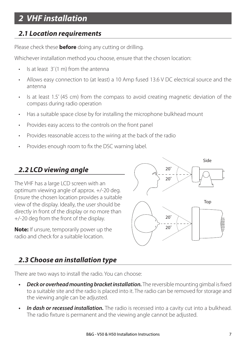 2 vhf installation, 1 location requirements, 2 lcd viewing angle | 3 choose an installation type | B&G H50 Wireless VHF Handset User Manual | Page 7 / 22