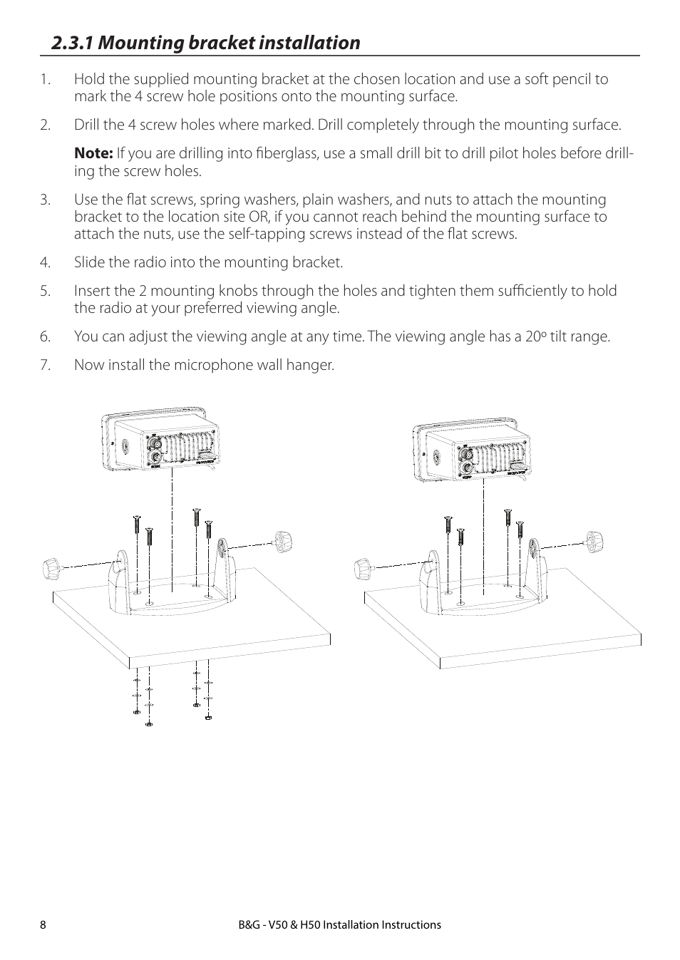 1 mounting bracket installation | B&G H50 Wireless VHF Handset User Manual | Page 8 / 22