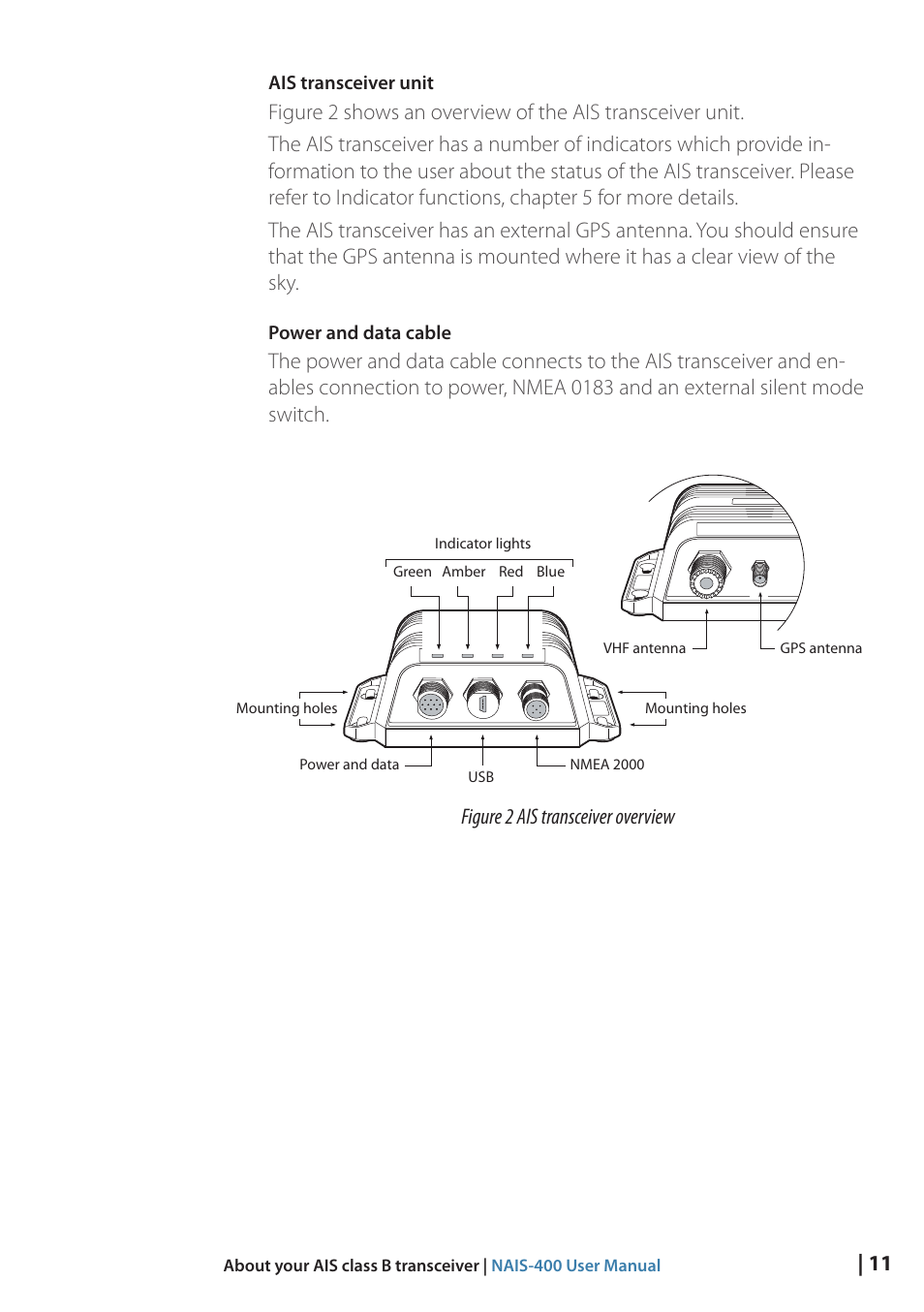 Figure 2 ais transceiver overview, Ais transceiver unit, Power and data cable | B&G NAIS-400 User Manual | Page 12 / 32