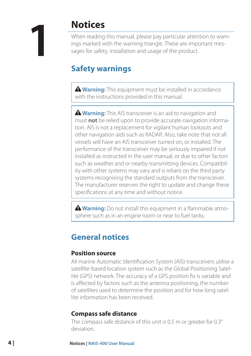 Notices, Safety warnings, General notices | 4 notices | B&G NAIS-400 User Manual | Page 5 / 32