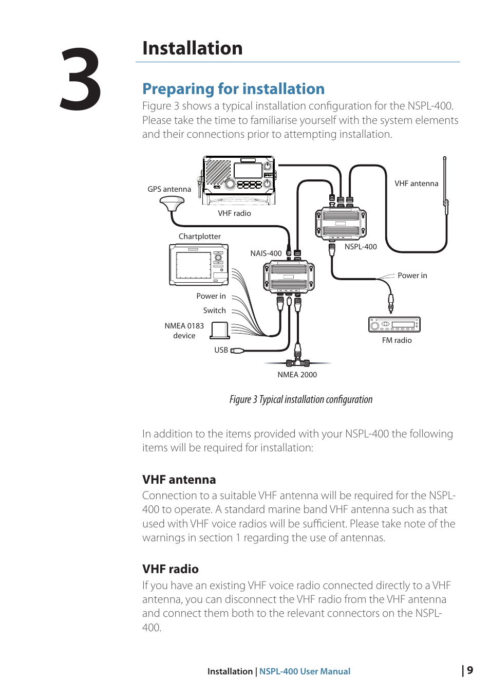 Installation, Preparing for installation, Vhf antenna | Vhf radio, 9 installation | B&G NSPL-400 User Manual | Page 10 / 20